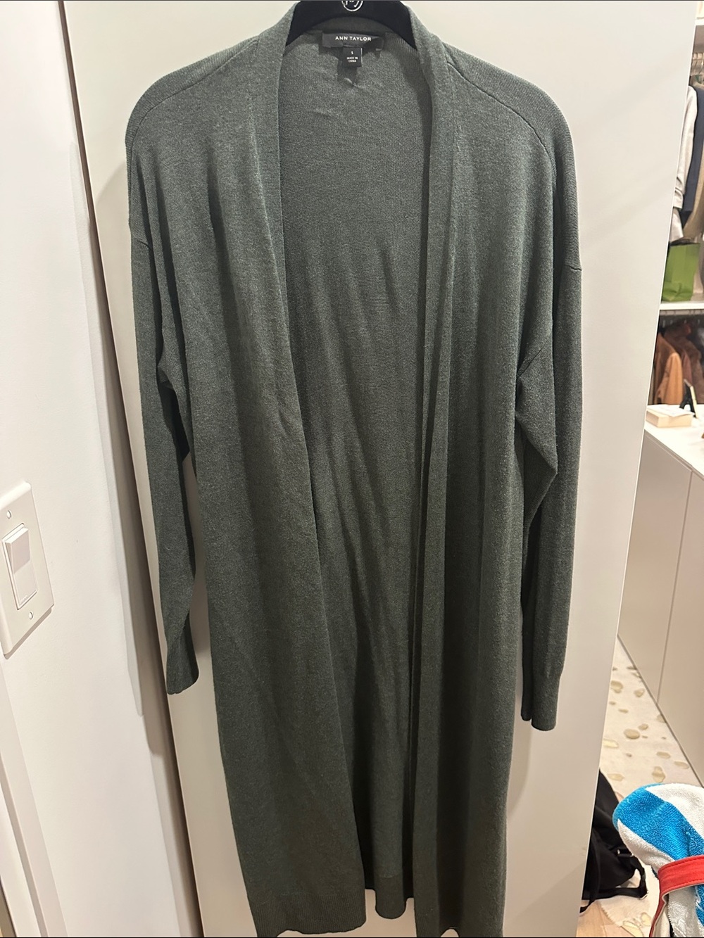 Ann Taylor Long Open-Front Cardigan in Olive Green